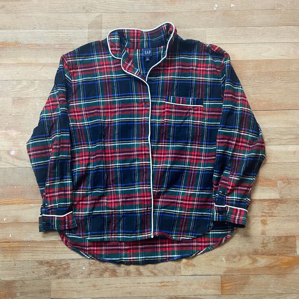 Gap Flannel Plaid Pajama Top Long Sleeve Button Up Red Blue Women’s Size Large